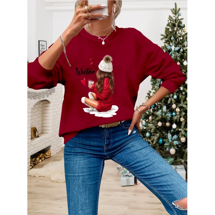 Kadın Yılbaşı özel Uzun Kollu Bisiklet Yaka Desenli Viskon Iki Iplik Bluz