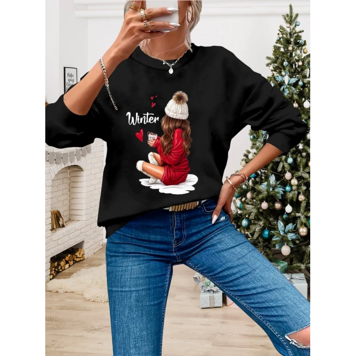 Kadın Yılbaşı Özel Uzun Kollu Bisiklet Yaka Desenli Viskon Iki Iplik Bluz