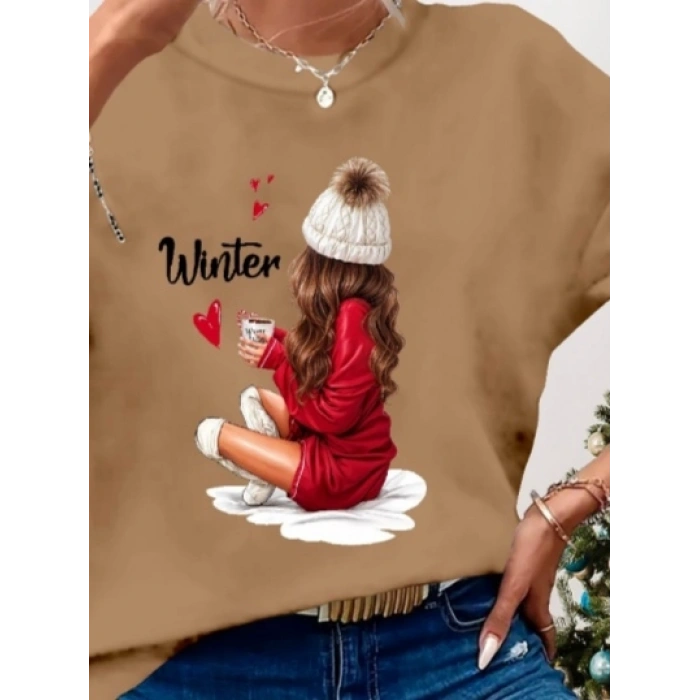 Kadın Yılbaşı özel Uzun Kollu Bisiklet Yaka Desenli Viskon Iki Iplik Bluz