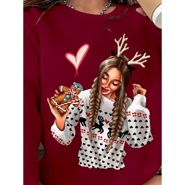 Kadın Yılbaşı özel Uzun Kollu Bisiklet Yaka Desenli Viskon Iki Iplik Bluz