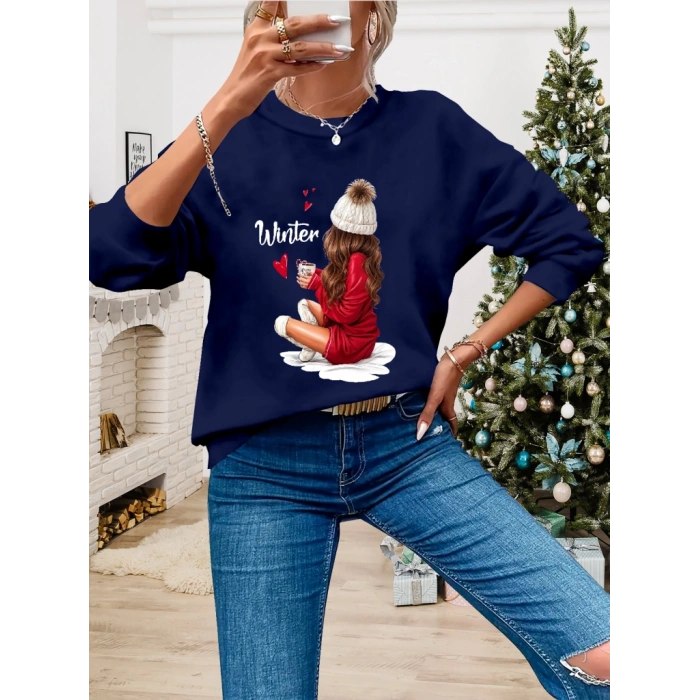 Kadın Yılbaşı Özel Uzun Kollu Bisiklet Yaka Desenli Viskon Iki Iplik Bluz