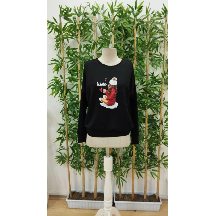 Kadın Yılbaşı Özel Uzun Kollu Bisiklet Yaka Desenli Viskon Iki Iplik Bluz