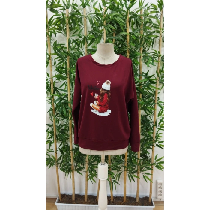 Kadın Yılbaşı özel Uzun Kollu Bisiklet Yaka Desenli Viskon Iki Iplik Bluz