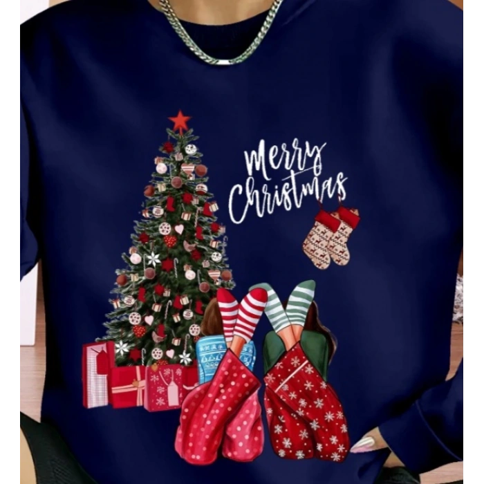 Kadın Yılbaşı Özel Uzun Kollu Bisiklet Yaka Viskon Iki Iplik Bluz