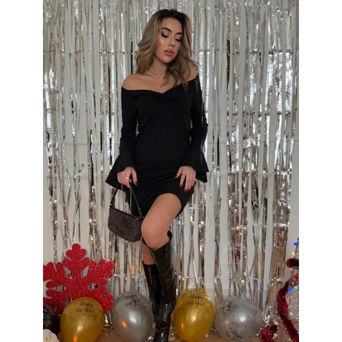 Kadın Yolbaşı özel Uzun Kollu çapraz Derin Dekolte Detaylı Ithal Krep Kısa Elbise