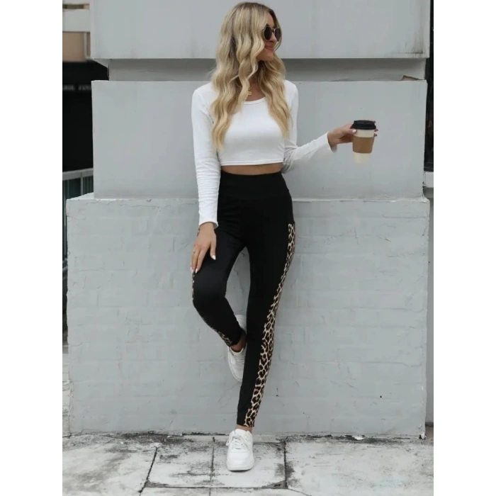 Kadın Yüksek Bel Cep Detaylı Leopar Desenli Dalgıç Tayt