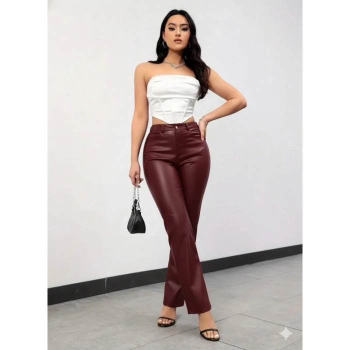 Kadın Yüksek Bel Cepli Deri Pantolon