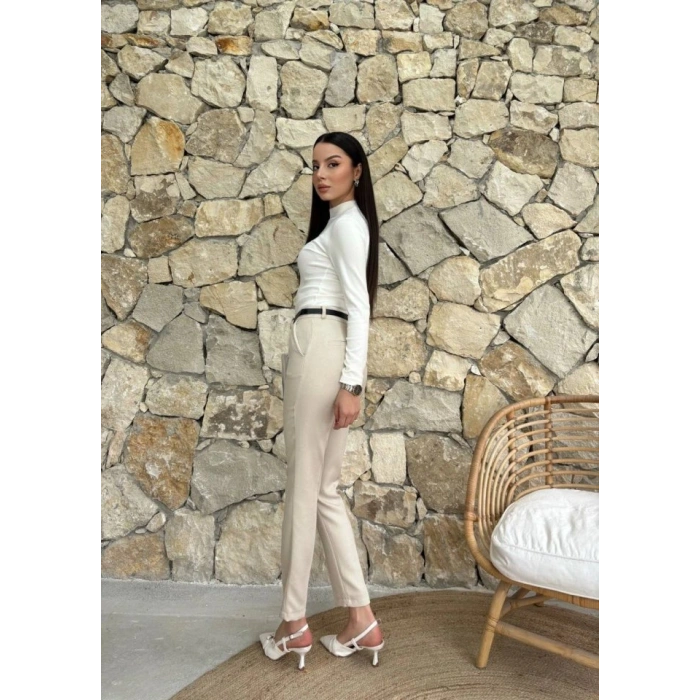 Kadın Yüksek Bel Dar Paça Kemer Dahil Kumaş Pantolon