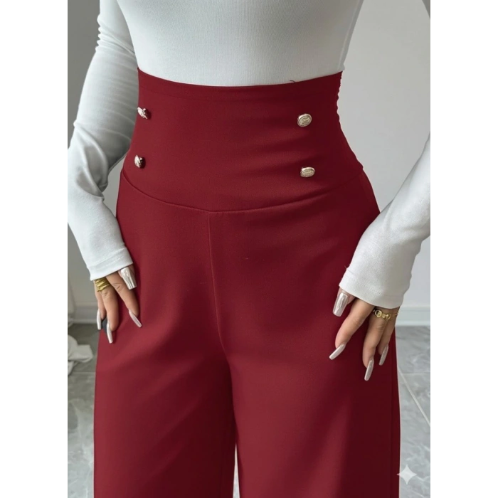 Kadın Yüksek Bel Düğmeli Geniş Paçalı Ithal Krep Pantolon