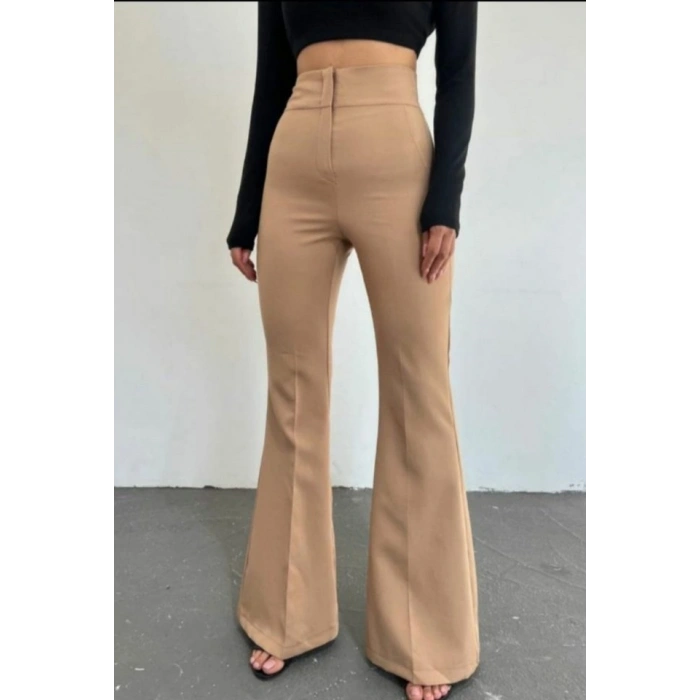 Kadın Yüksek Bel Ispanyol Paça Atlas Kumaş Pantolon