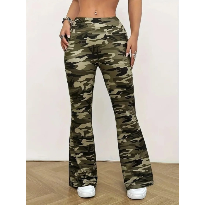 Kadın Yüksek Bel Kamuflaj Desenli Dalgıç Tayt