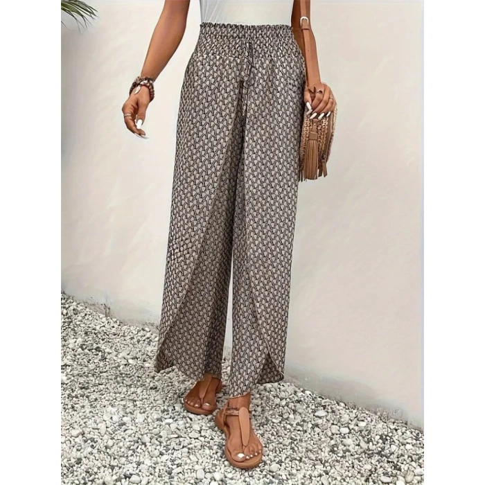 Kadın Yüksek Bel Lastikli önden Iki Parçalı Desenli Bürümcük Pantolon