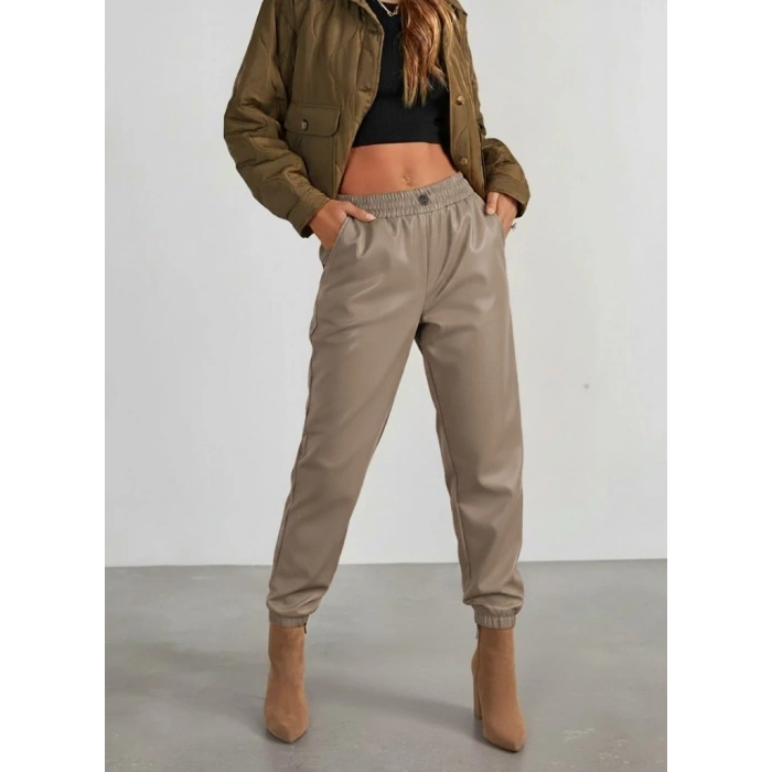 Kadın Yüksek Bel Lastikli önü Düğmeli Deri Pantolon