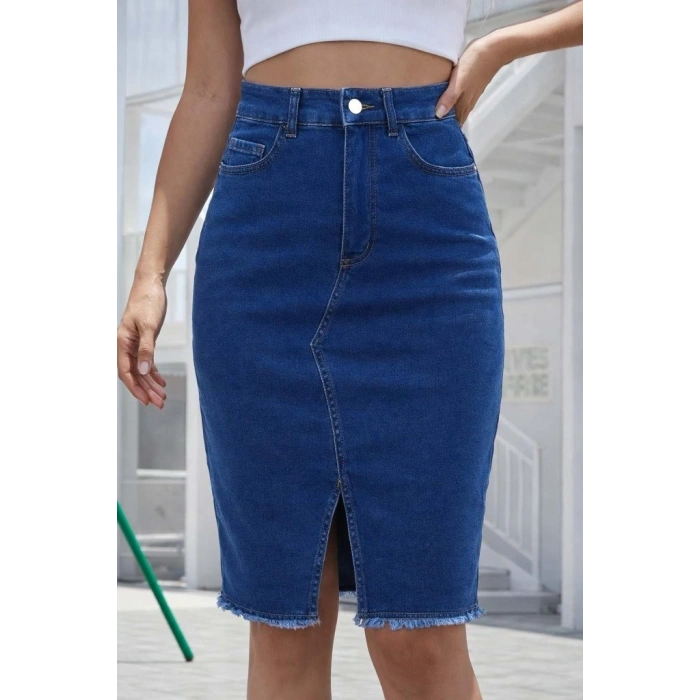 Kadın Yüksek Bel önden Yırtmaçlı Kısa Kot Etek