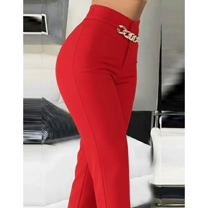 Kadın Yüksek Bel önden Zincir Detaylı Ithal Krep Pantolon