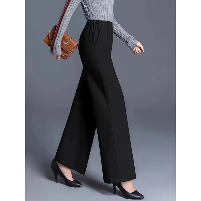 Kadın Yüksek Bel önü Nervürlü Paçaya Doğru Geniş Ithal Krep Pantolon