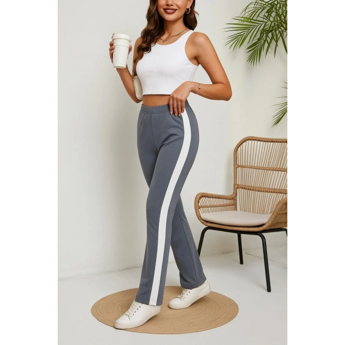Kadın Yüksek Bel Yan şerit Detaylı Yırtmaçlı Viskon Iki Iplik Pantolon