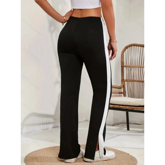 Kadın Yüksek Bel Yan şerit Detaylı Yırtmaçlı Viskon Iki Iplik Pantolon