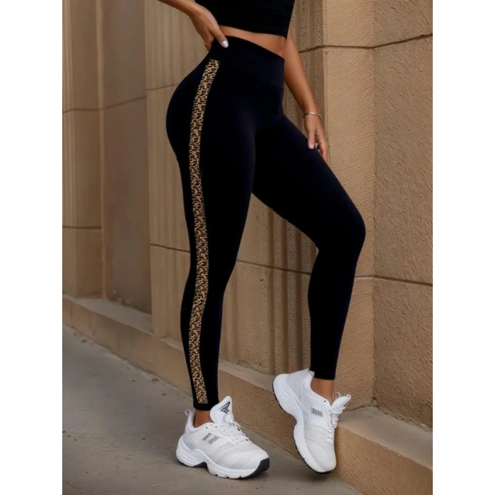 Kadın Yüksek Bel Yandan Leopar Desen Detaylı Dalgıç Tayt