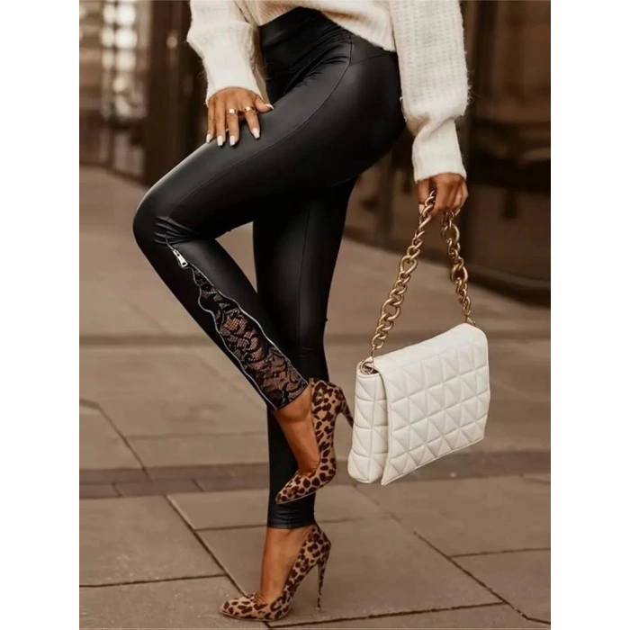 Kadın Yüksek Bel Yandan Yırtmaçlı Dantel Detaylı Deri Tayt