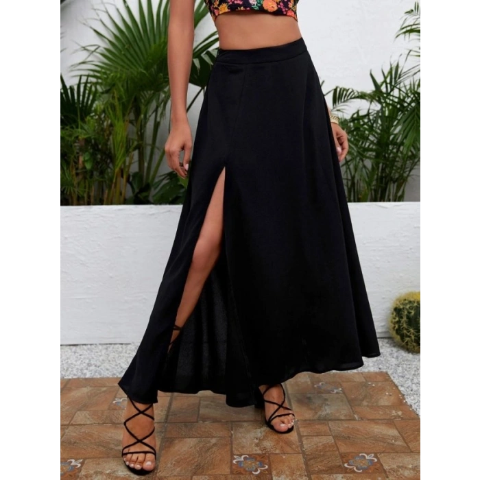 Kadın Yüksek Bel Yandan Yırtmaçlı Uzun Sandy Etek