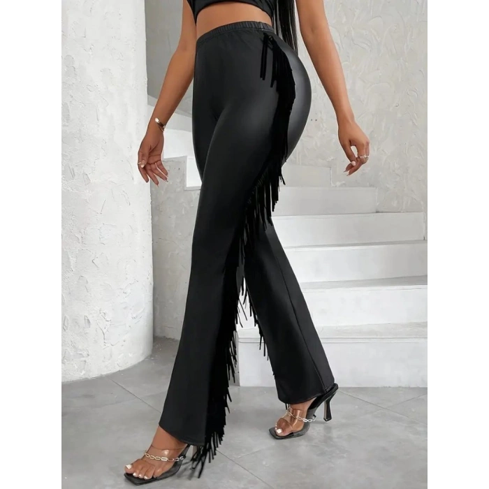 Kadın Yüksek Bel Yanlardan Püsküllü Deri Pantolon