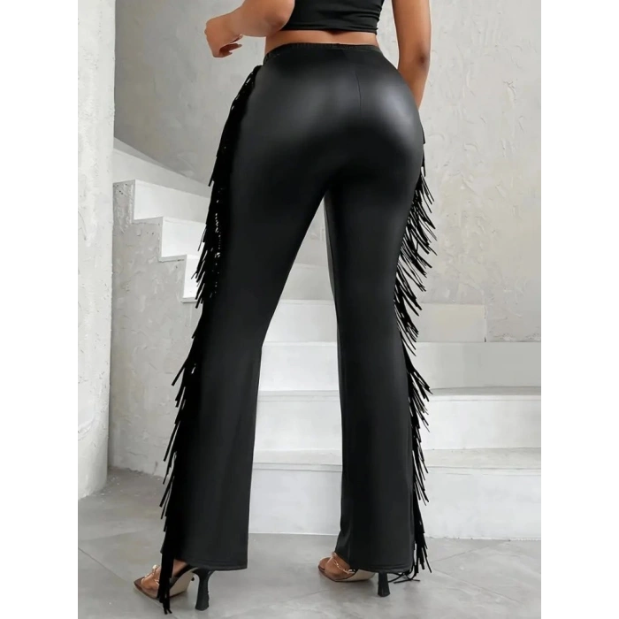 Kadın Yüksek Bel Yanlardan Püsküllü Deri Pantolon