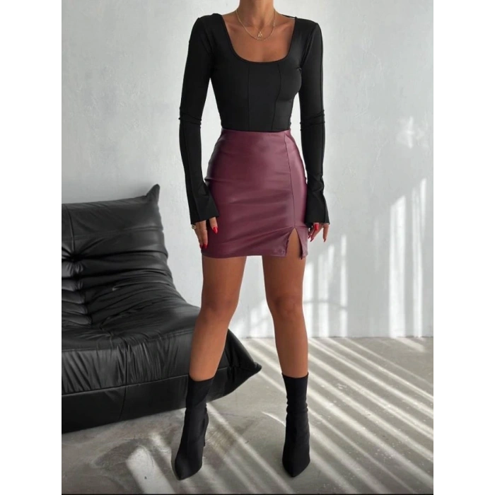 Kadın Yüksel Bel Yırtmaç Detay Mini Deri Etek