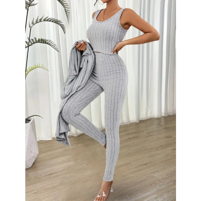 Kadın Yuvarlak Yaka Askılı Krop Bluz Yüksek Bel Tayt Ve Uzun Hırka şardonlu Kaşkorse üçlü Takım