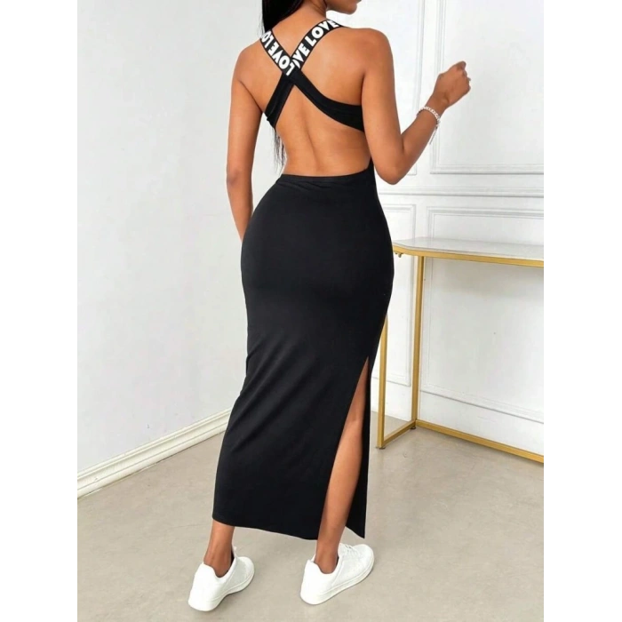 Kadın Yuvarlak Yaka Sırttan çapraz şerit Love Detaylı Yırtmaçlı Viskon Elbise