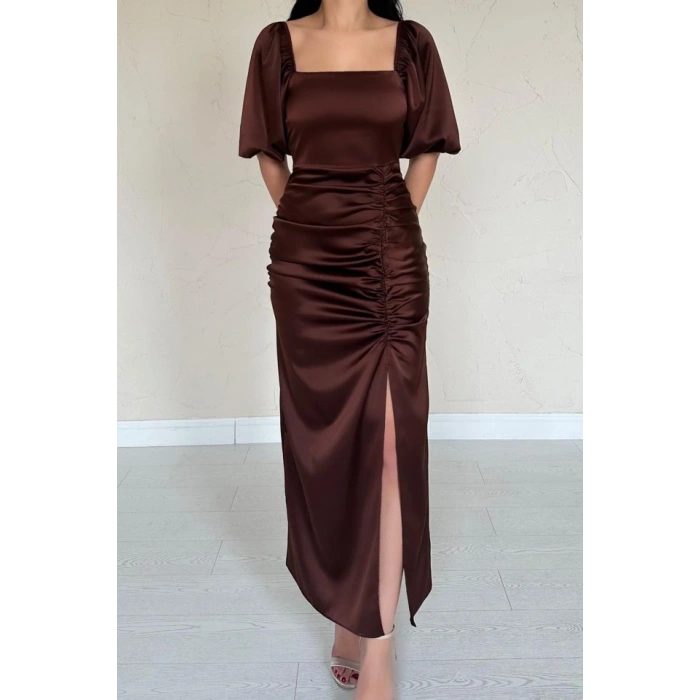 Kahverengi Büzgülü Saten Elbise