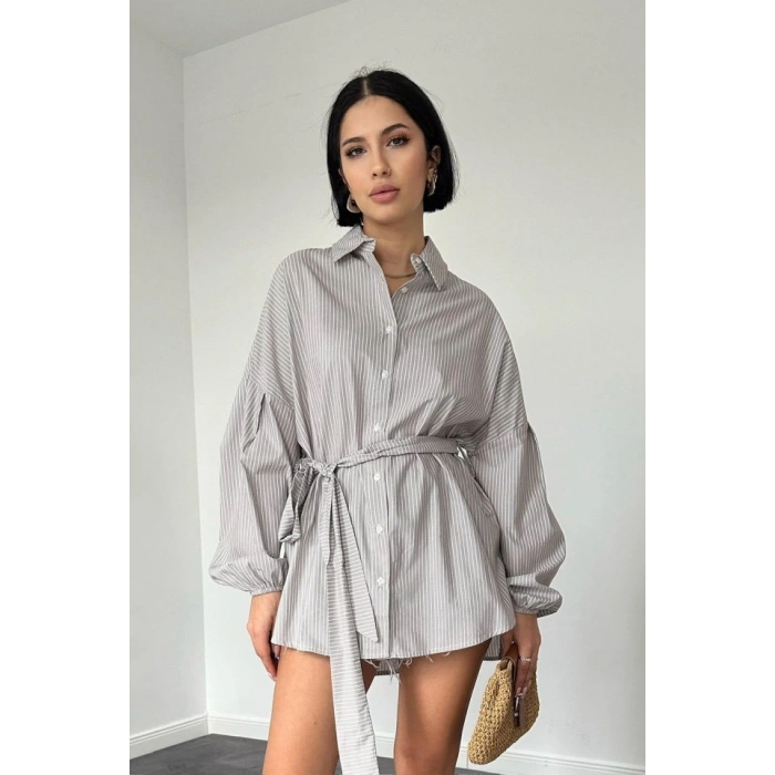 Kahverengi Çizgili Poplin Kuşaklı Gömlek