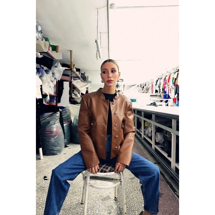 Kahverengi Önü Düğme Kapamalı Deri Ceket