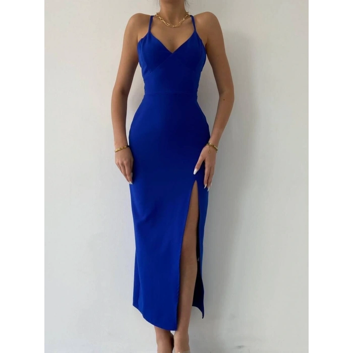 Kaitlyn Sırt Dekolteli V Yaka Yırtmaçlı Elbise