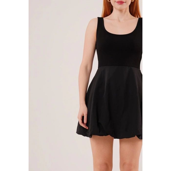 Kalın Askılı Balon Etek Siyah Mini Elbise