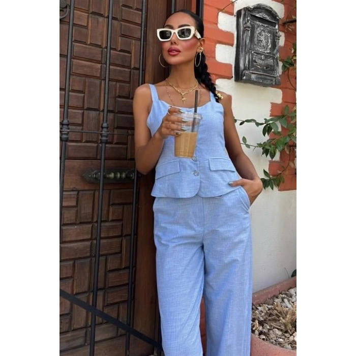 Kalın Askılı Bluz Pantolon Keten Takım 10187