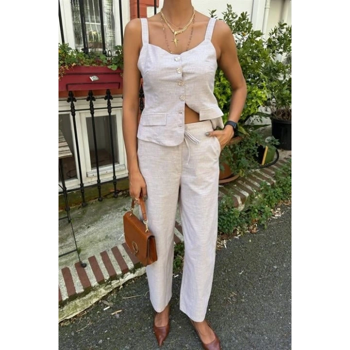 Kalın Askılı Bluz Pantolon Keten Takım 10187