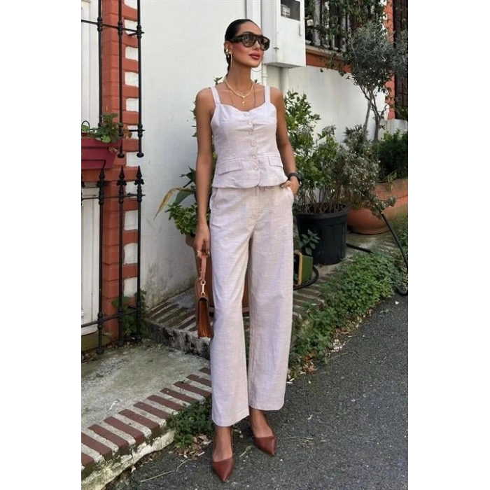Kalın Askılı Bluz Pantolon Keten Takım 10187