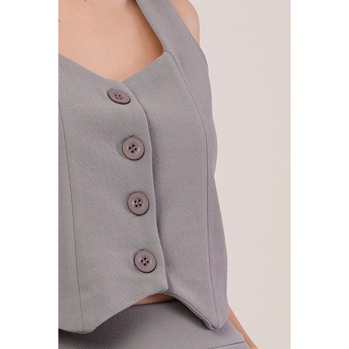 Kalın Askılı Düğmeli Yelek Ve Pantolon Gri Takım