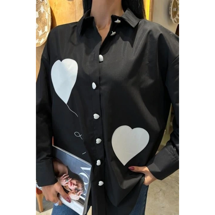 Kalp Nakışlı Ve Düğme Detaylı Oversize Gömlek 3430