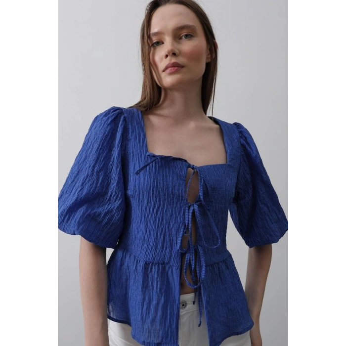 Kare Yaka Balon Kol Bluz - Mavi