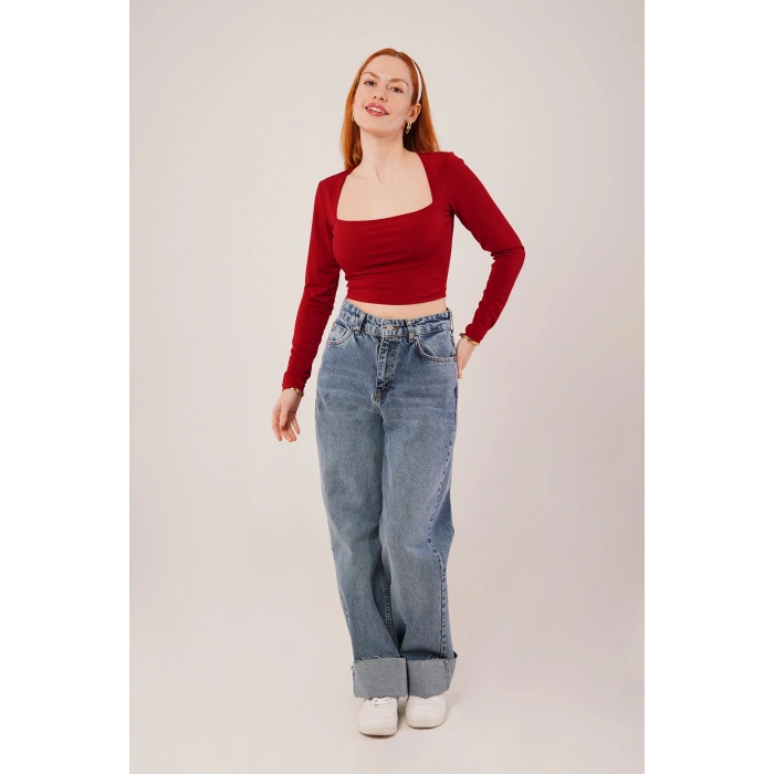 Kare Yaka Basic Bordo Bluz