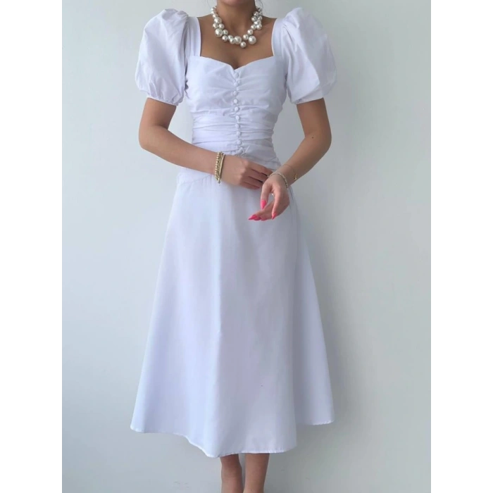 Kare Yaka Düğmeli Elbise