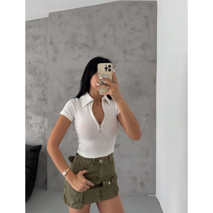 kaşkorse yaka fermuarlı bluz beyaz