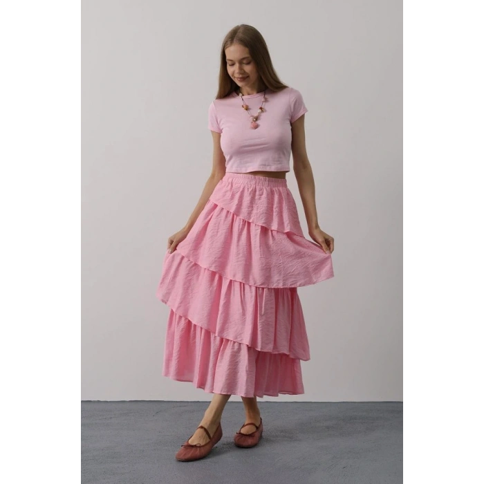 Katlı Kesim Uzun Etek - Pembe