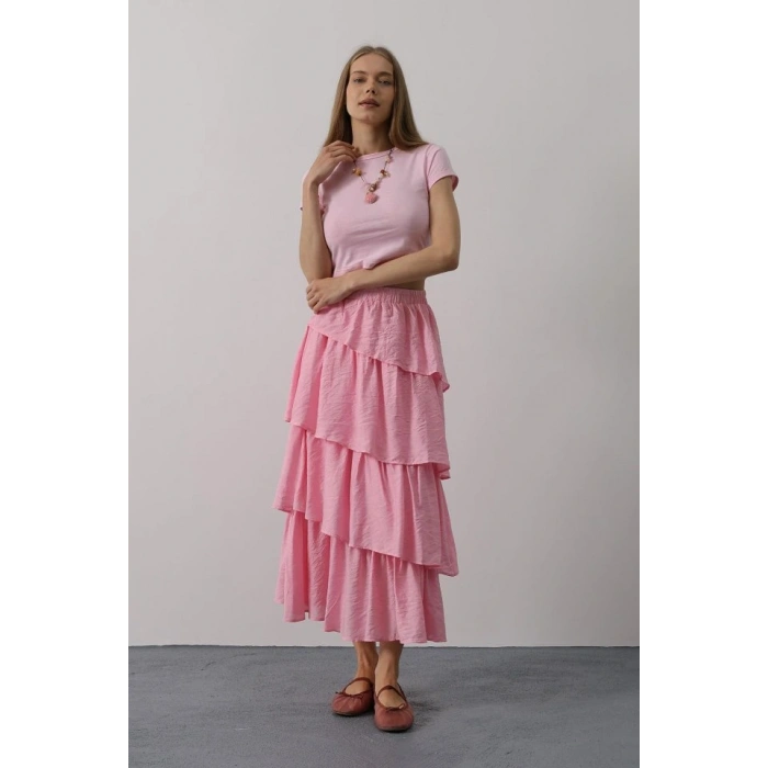 Katlı Kesim Uzun Etek - Pembe