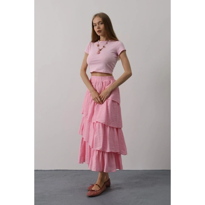 Katlı Kesim Uzun Etek - Pembe