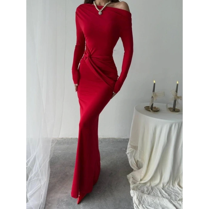 Kayık Yaka Uzun Kurdele Elbise