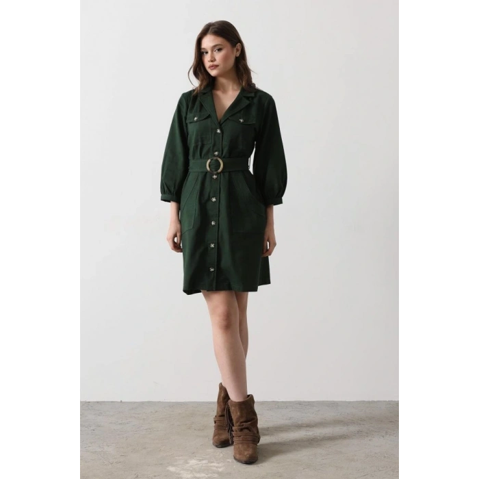 Kemer Detaylı Gabardin Elbise - Haki