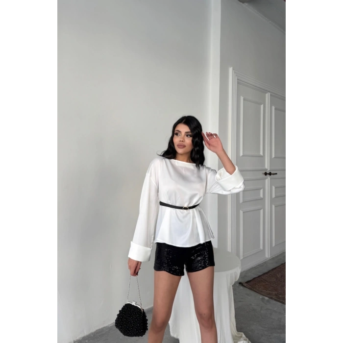 KEMER DETAYLI SATEN BLUZ - Beyaz